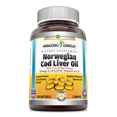 Amazing Omega Norwegian Cod Liver Oil Fresh Lemon Flavor 1000 Mg 250 Softgels