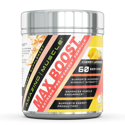 Amazing Muscle Max Boost Advanced Pre Workout Formula 60 Servings Cherry Lemonade Flavor