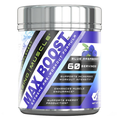 Amazing Muscle Max Boost Advanced Pre Workout Formula 60 Servings Blue Raspberry Flavor