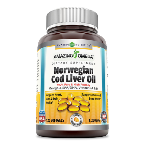 Amazing Omega Norwegian Cod Liver Oil 1250 Mg 120 Softgels Orange Flavor