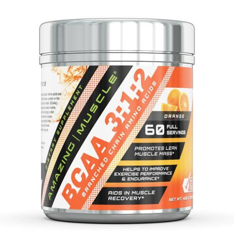 Amazing Muscle BCAA 3:1:2 Branched Chain Amino Acid Ratio 0.94 Lbs container with Approx 60 servings Orange Flavor